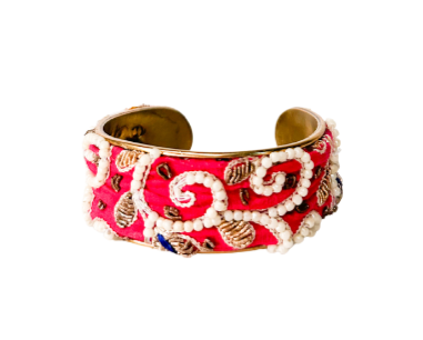 Selene Hot Pink Beaded Cuff Bracelet featuring a bold hot pink fabric with intricate white embroidered swirling vine patterns, accented with white beads, golden leaf motifs, and subtle blue highlights, creating a striking and elegant design.