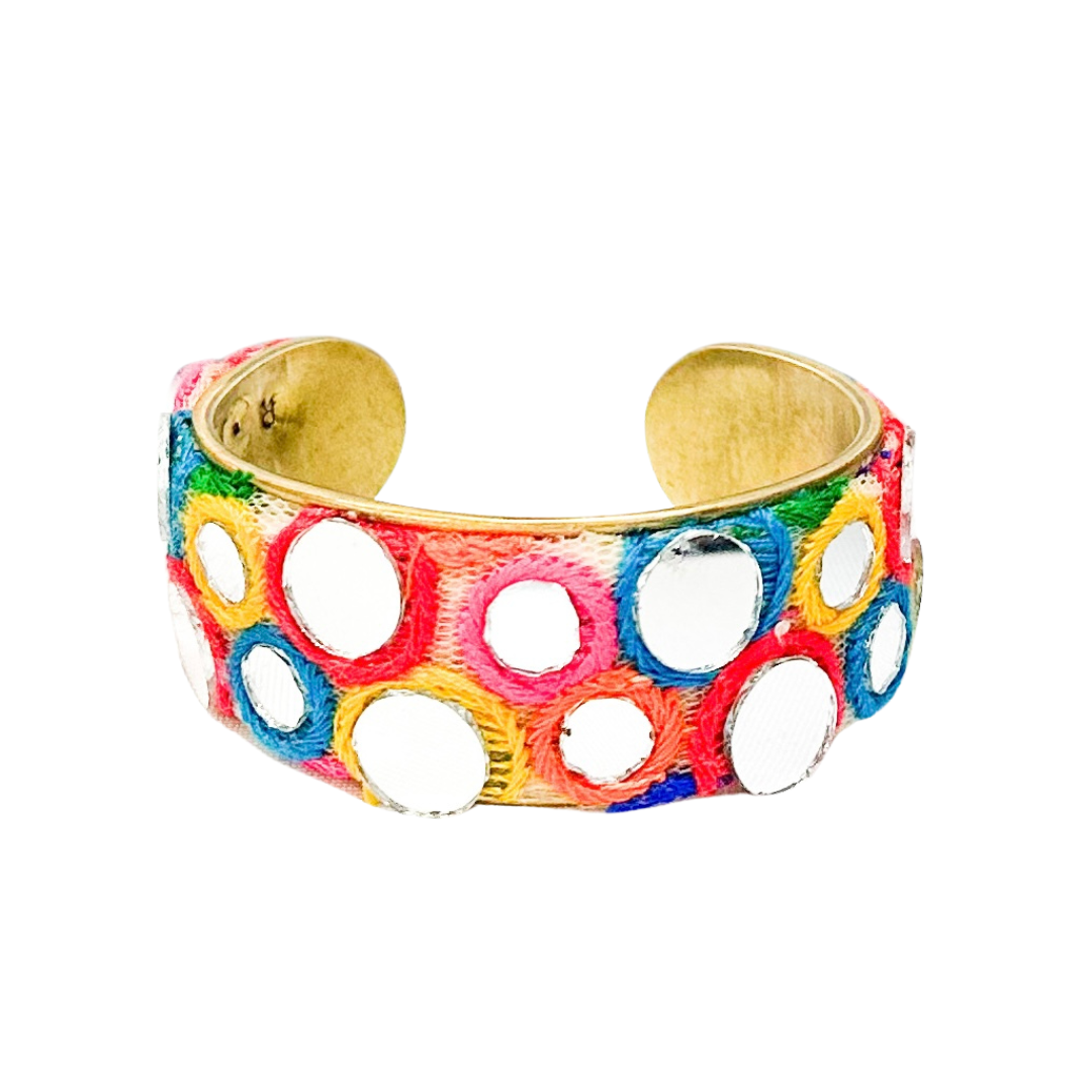 Close-up view of a Vibrant Red, Green, and Orange Mirrored Inspirational Jewelry Cuff Bracelet showcasing intricate embroidery and mirror detailing, creating a bold and lively accessory.