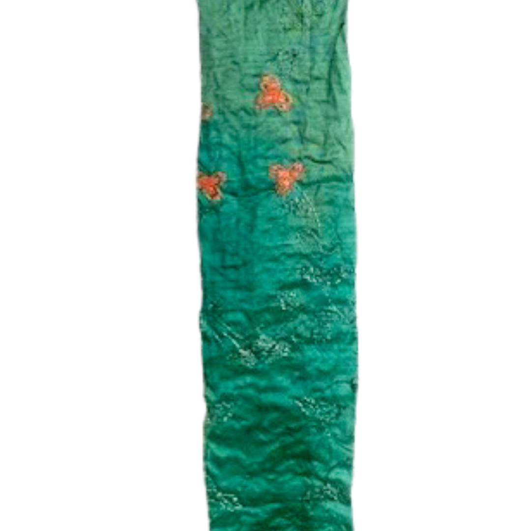 A Personalized Cuff Bracelet fabric by Redd Dott Jewelry, designed for a custom stamped cuff. The lush green fabric is adorned with delicate orange floral embroidery and shimmering accents, creating a beautifully textured and unique look for an artistic, handcrafted bracelet.