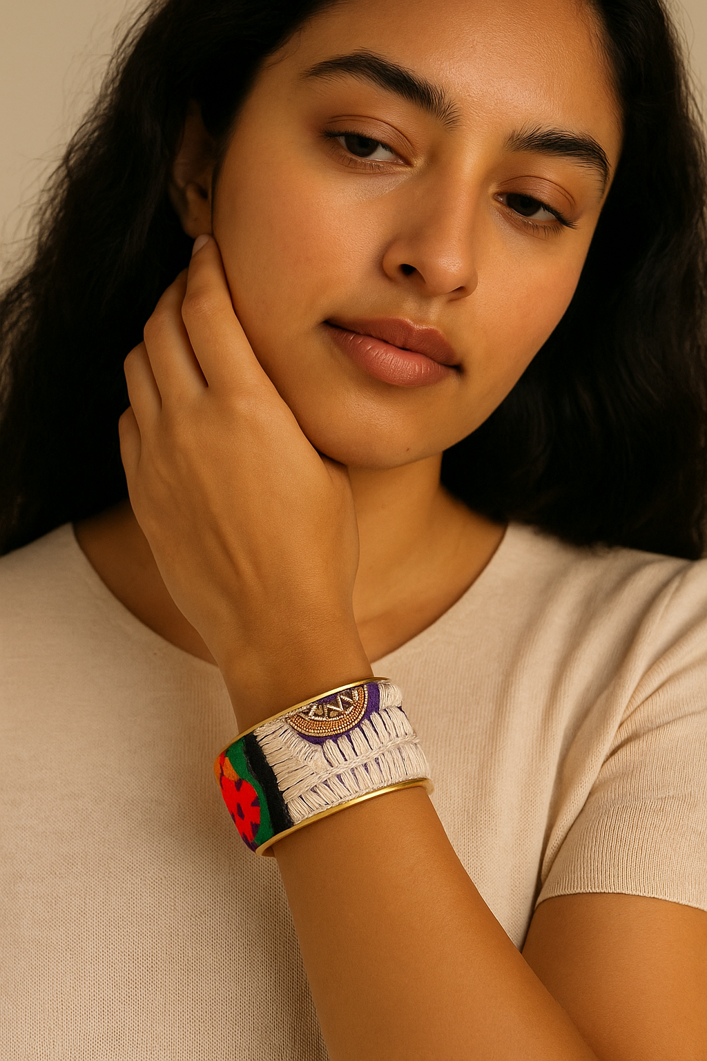 Ashari - Multicolored Gem Beaded Custom Stamped Cuff Bracelet