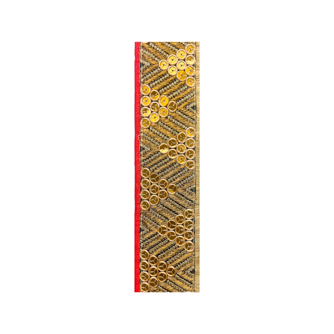 Gold and silver chevron embroidered fabric with mirrored sequins and red trim, used for the Athena Custom Quote Cuff Bracelet — handcrafted in Shreveport, LA by Redd Dott Jewelry.