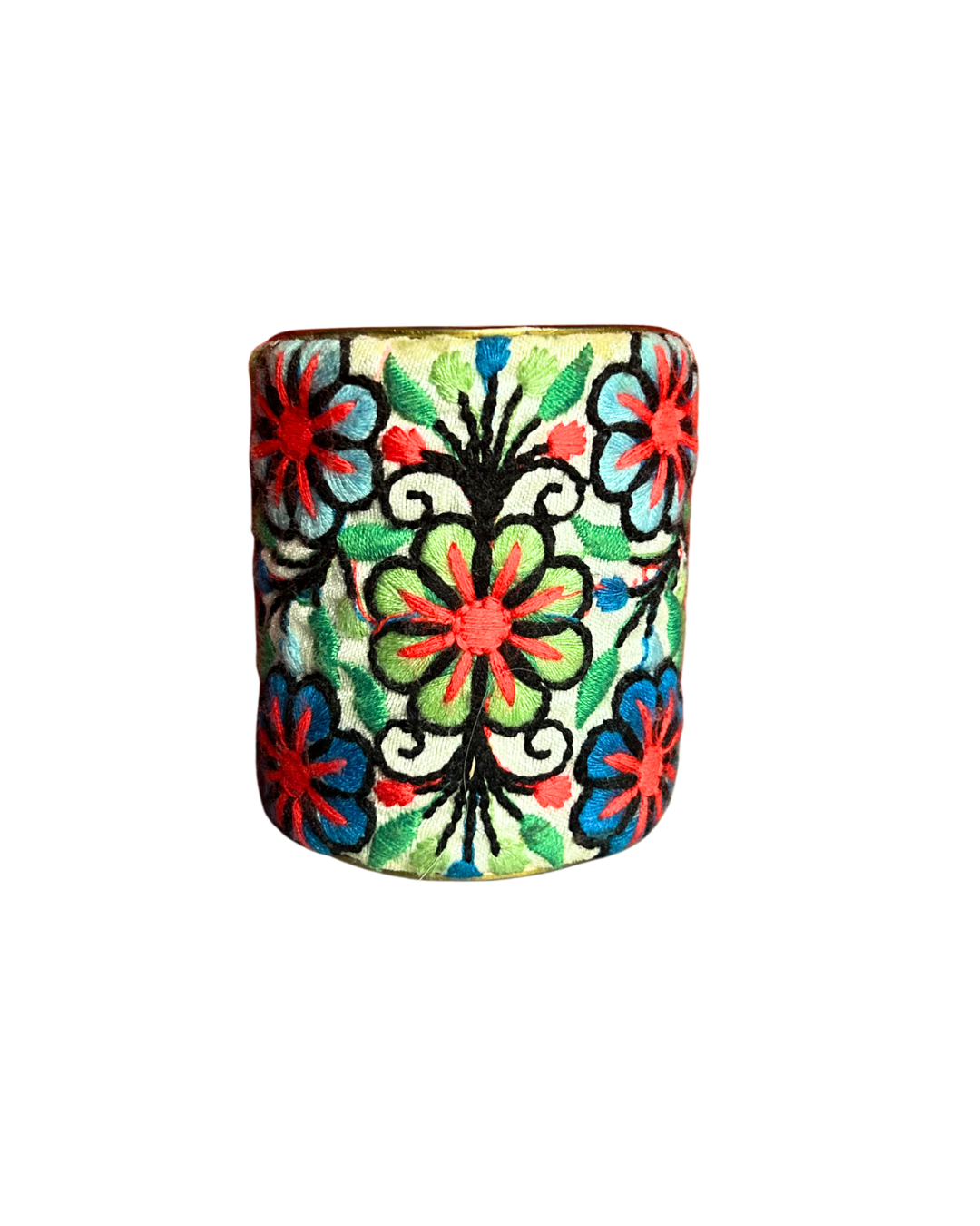 Blair embroidered brass cuff bracelet featuring vibrant red, green, and blue floral designs over a creamy base. A bold statement cuff and one of a kind jewelry piece handmade by Redd Dott Jewelry in Shreveport, LA.