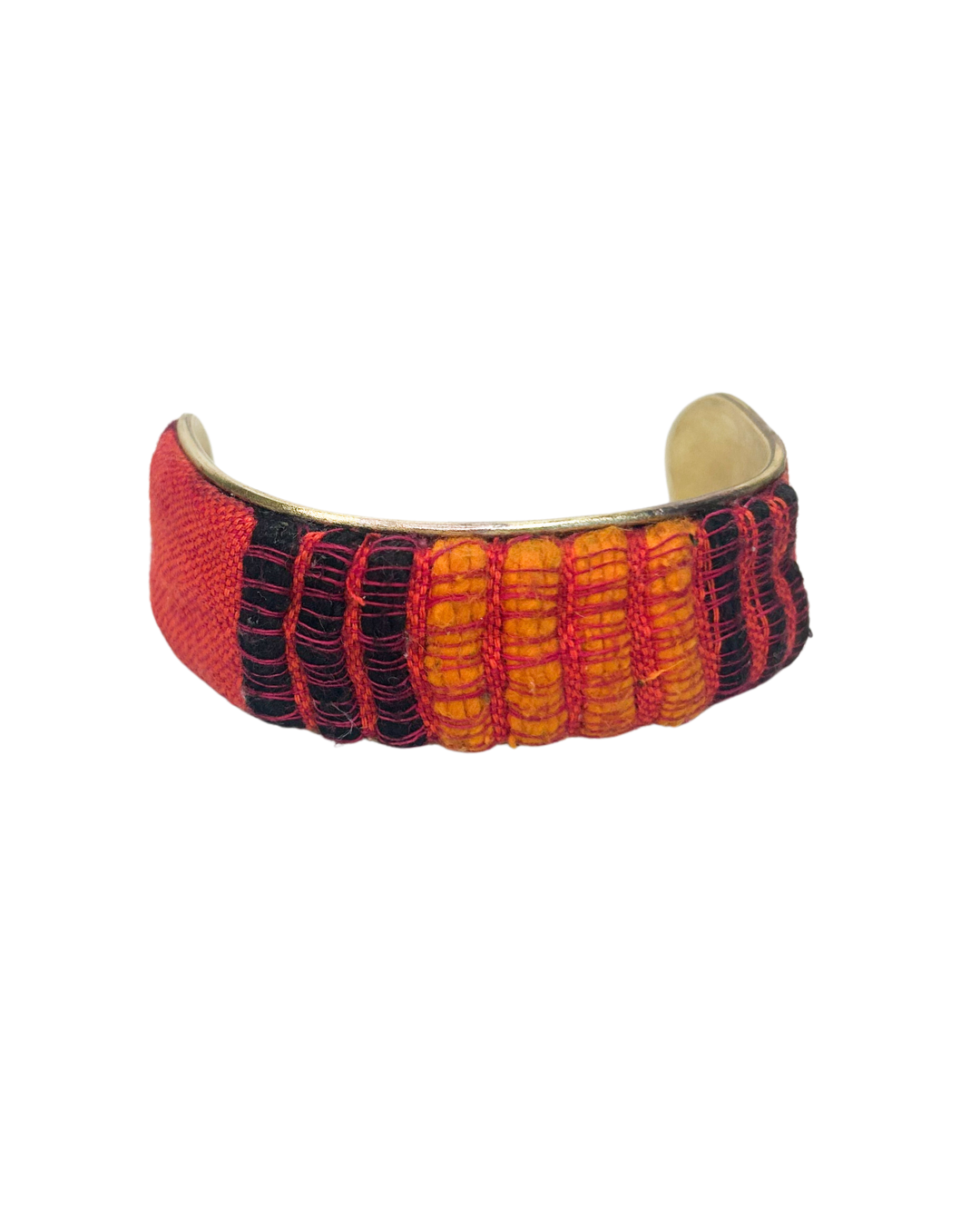 Breccan 3-inch statement cuff bracelet – wide red and orange woven textile cuff with deep burgundy accents on adjustable brass.