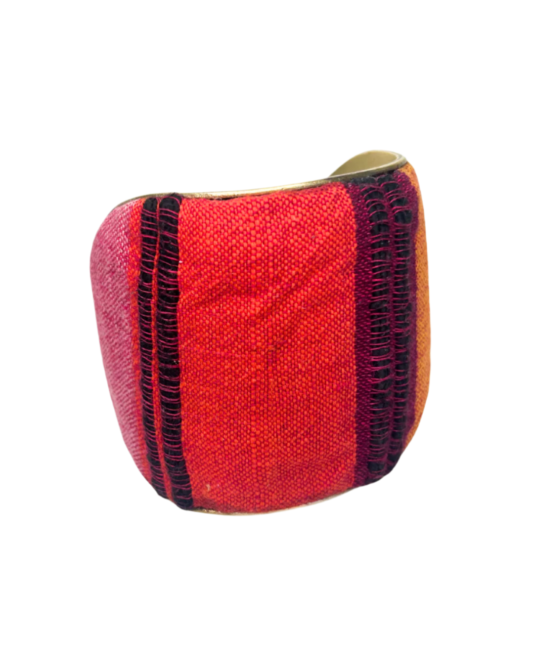 Breccan 1-inch rustic cuff bracelet – red and orange woven fabric with burgundy embroidery on brass, handmade by Redd Dott Jewelry.