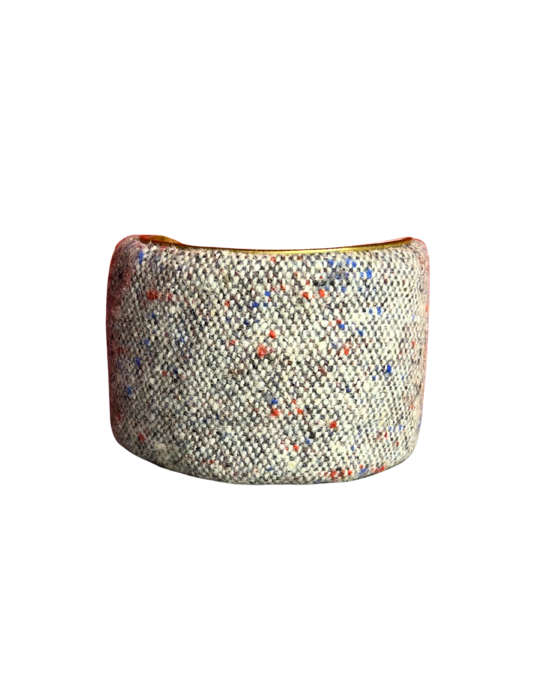 A handmade brass cuff bracelet from Redd Dott Jewelry, crafted and stamped in Shreveport, LA. Features an ivory woven fabric with multicolor speckles on a warm vintage brass bracelet base — a soft, uplifting piece of inspirational jewelry.