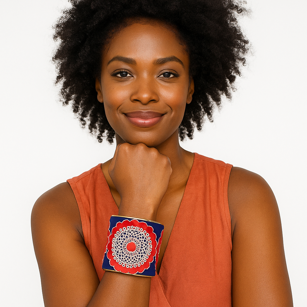 Belle - Red & Blue Embroidered Custom Stamped Cuff Bracelet