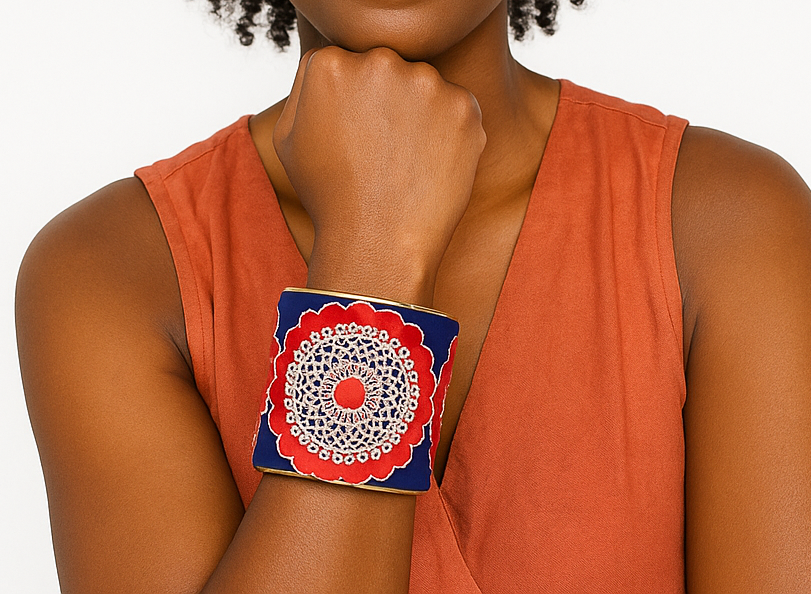 Belle - Red & Blue Embroidered Custom Stamped Cuff Bracelet