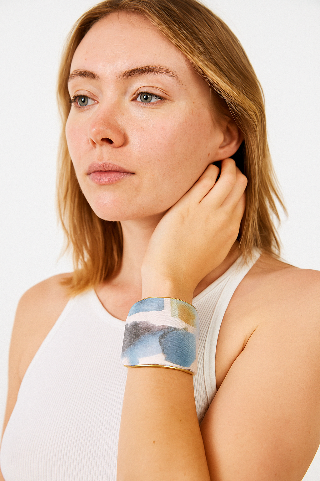 Bode Abstract Textile Cuff Bracelet – Brass Cuff with Blue, Black & Gold Painterly Print