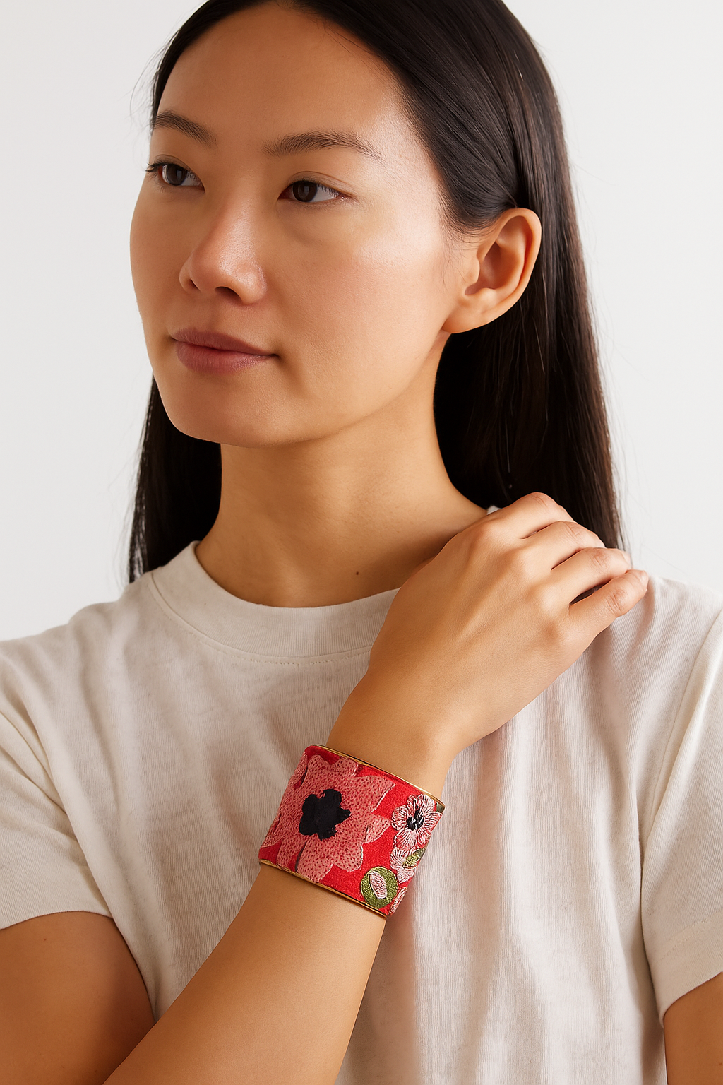 Avalon Vibrant Pink Floral Cuff Bracelet – Red Vintage Fabric with Sequin Embroidery