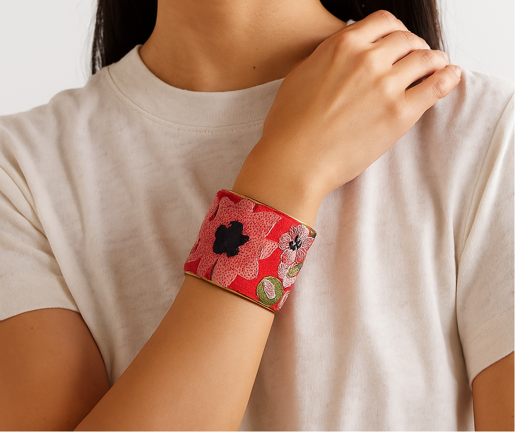 Avalon Custom Stamped Floral Cuff Bracelet – Red Vintage Fabric with Green & Blue Embroidery