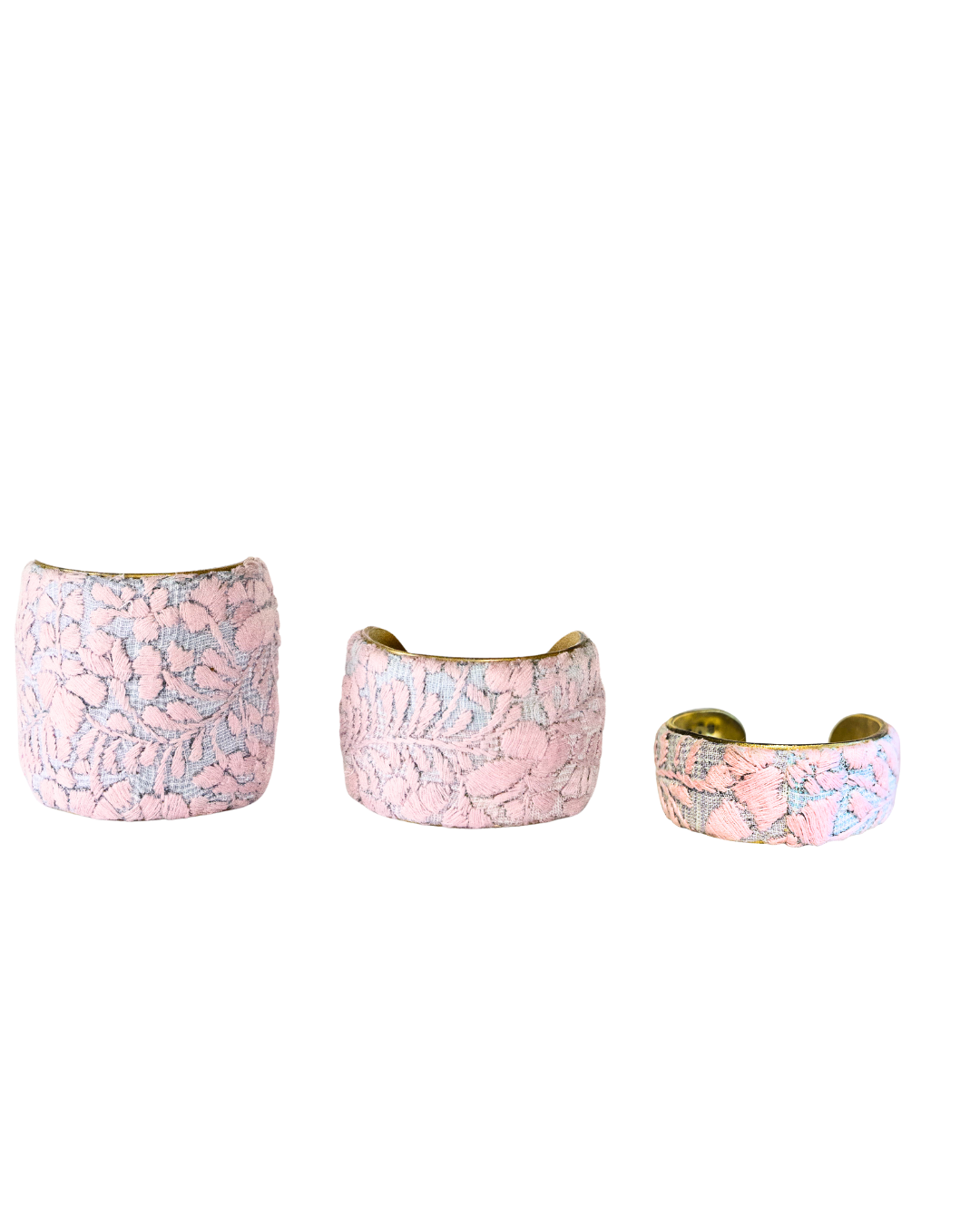 Rosa De Ceniza Ash Rose brass cuff bracelets in 1-, 2-, and 3-inch widths featuring blush pink and ash-gray Mexican embroidery from Margarita Mercantile.