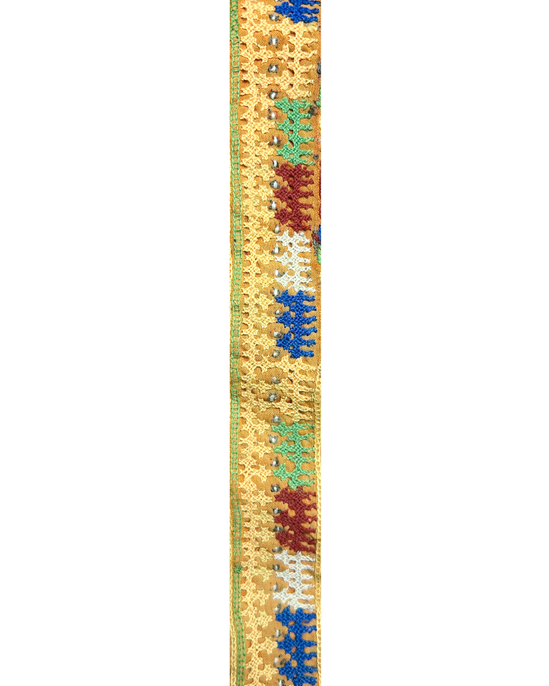 A handcrafted custom stamped cuff bracelet by Redd Dott Jewelry featuring embroidered kaftan fabric with circular stitching and mirrored details. A colorful, one-of-a-kind vintage brass bracelet.