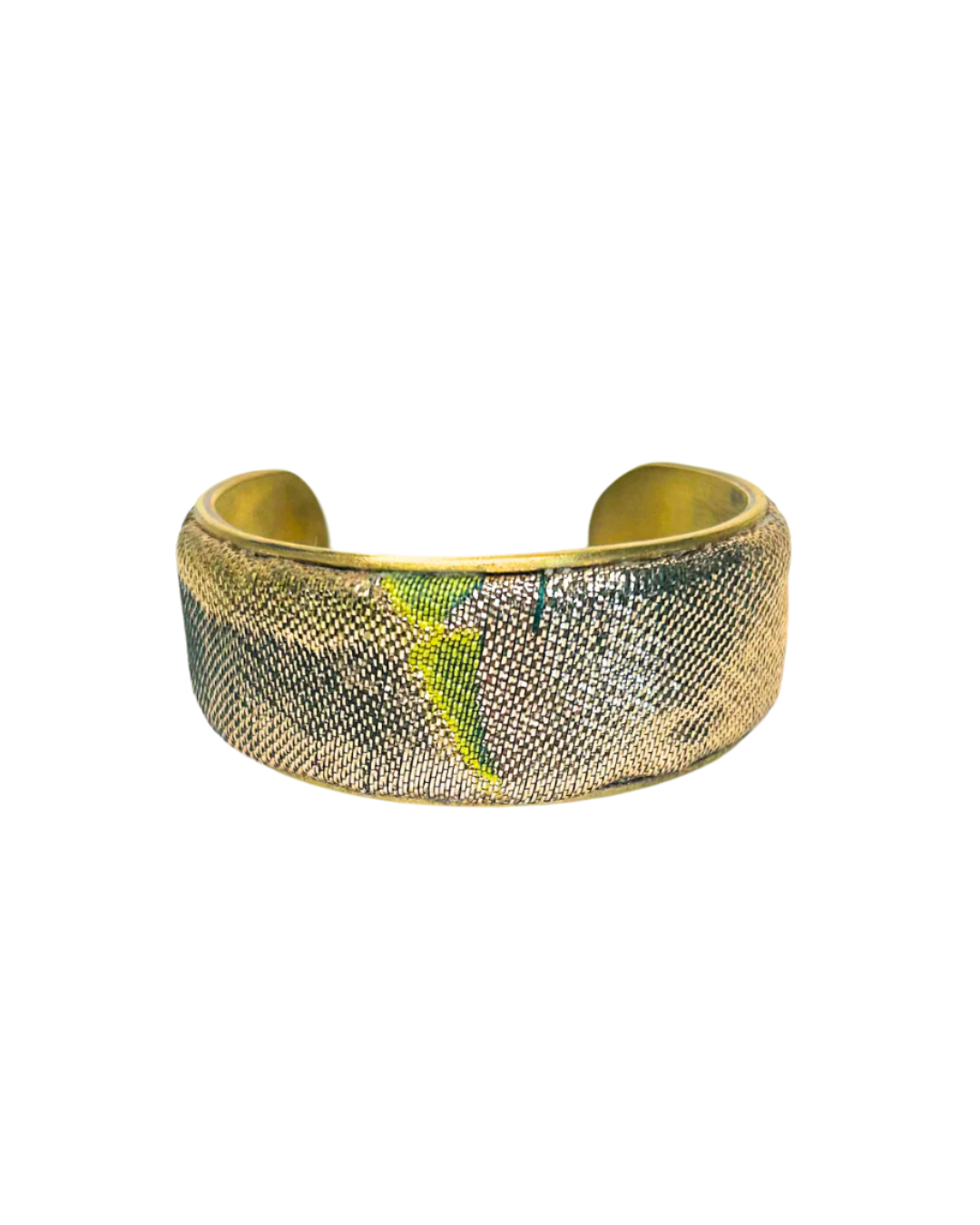 Khalid 1-inch cuff bracelet – shimmering green and gold floral pattern on slim vintage fabric wrapped around a handcrafted brass cuff.