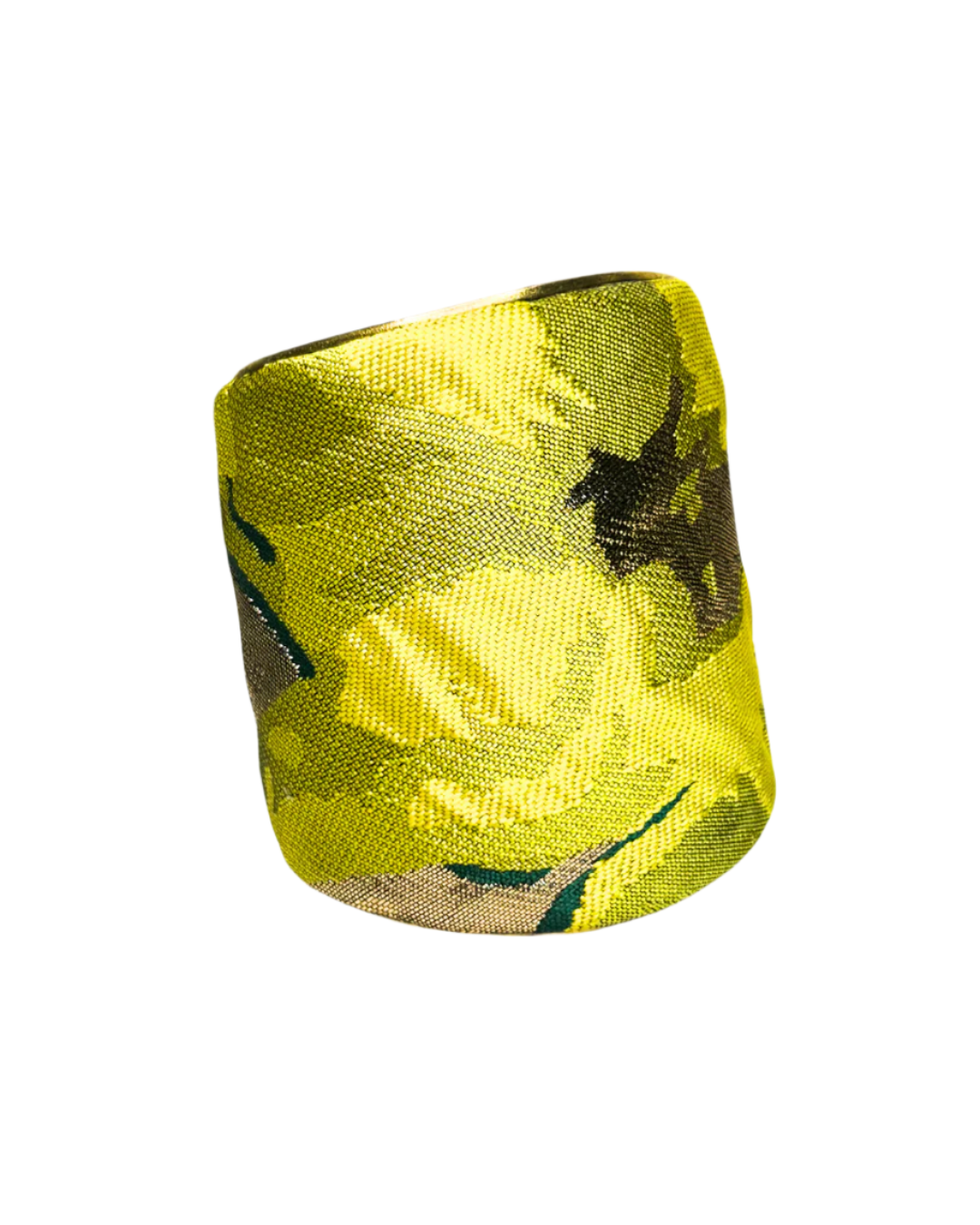 Khalid 3-inch bold cuff – vibrant yellow-green floral textile with gold detailing on wide brass base, handcrafted by Redd Dott Jewelry.