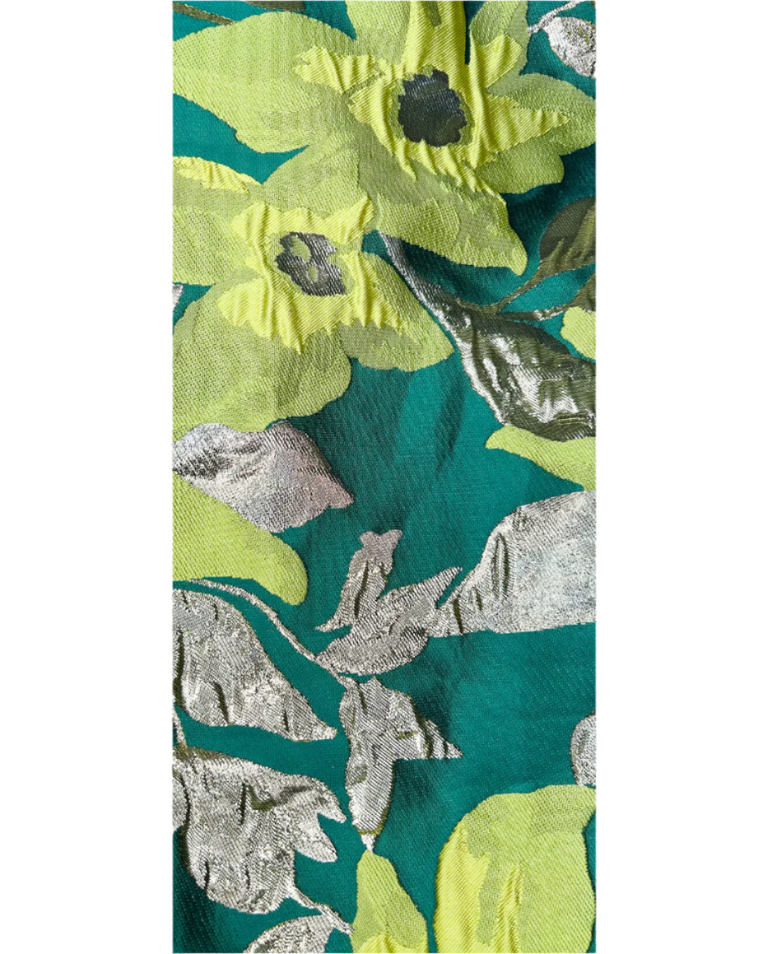 Close-up of Khalid cuff bracelet fabric – chartreuse flowers and gold metallic leaves on a rich green background, used in handmade custom brass cuff jewelry.