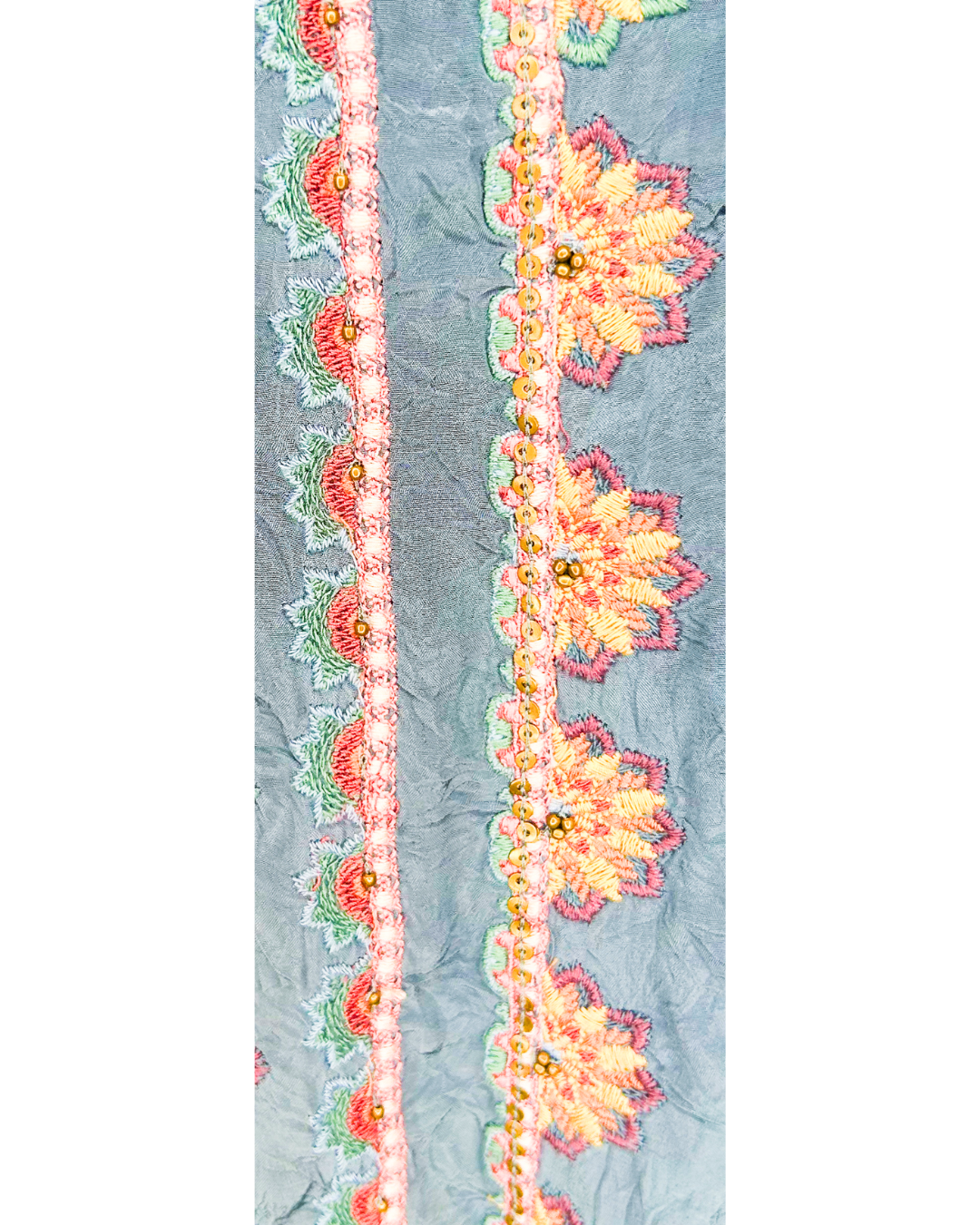 Lucienne 3-inch botanical statement cuff – wide sage green woven bracelet with blush floral details on a brass base, handcrafted in Louisiana.