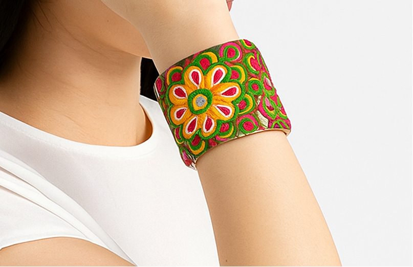 Woman wearing the Aurora Brass Cuff Bracelet with vivid pink, green, and yellow floral embroidery on gold brass base — handcrafted in Shreveport, LA by Redd Dott Jewelry.