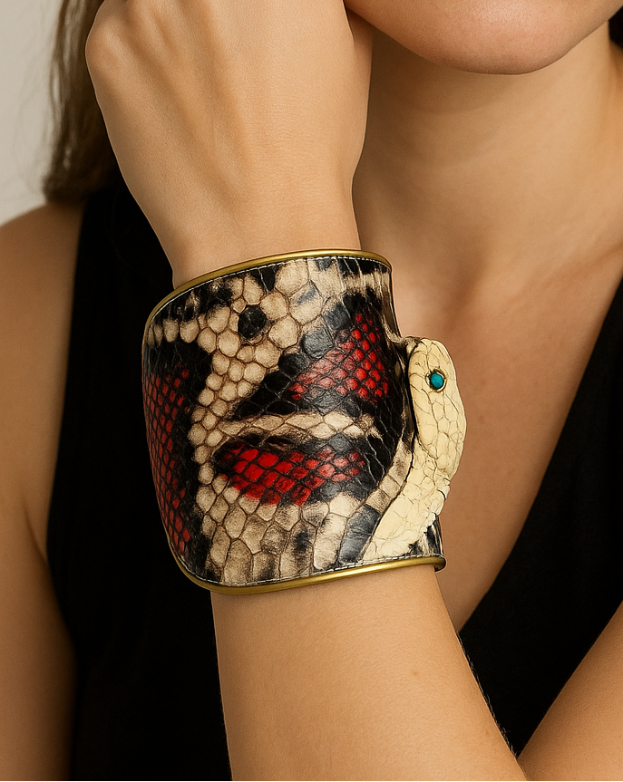Female model wearing a gold brass cuff made from genuine red king cobra skin, with preserved cobra head and turquoise eyes, styled with a sleeveless black top.