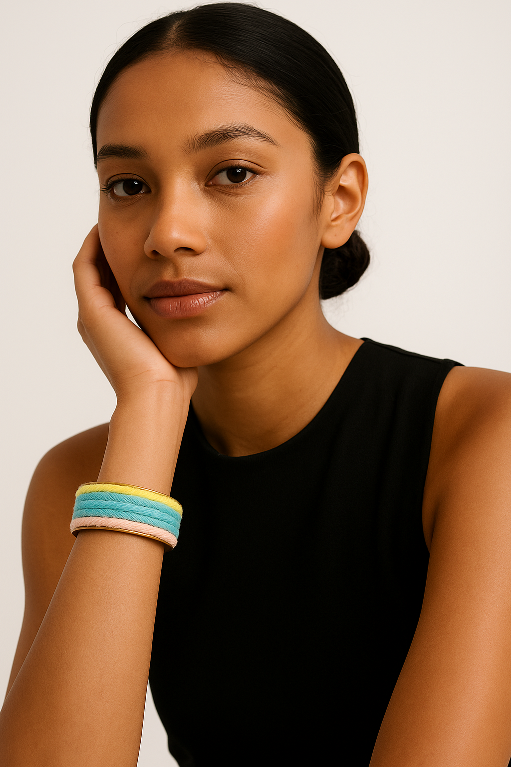 A female model wearing a one of a kind jewelry brass cuff bracelet for women—a 1-inch wide, open-back design wrapped in pastel mint, peach, and lemon yarn stripes, showcased on her wrist against a neutral background.