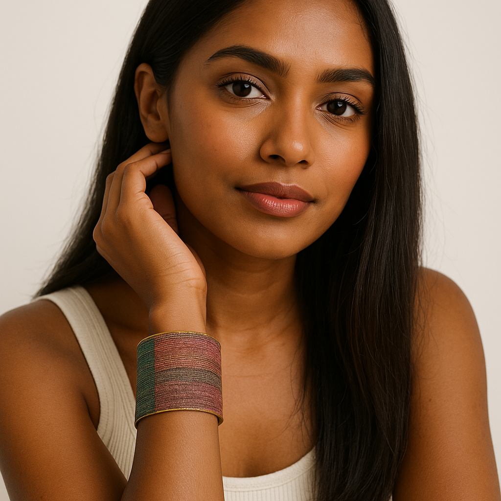 A female model wearing a one of a kind jewelry brass cuff bracelet for women—a 2-inch wide, open-back design wrapped in woven fabric split between forest-green and muted magenta panels with teal and russet highlights, shown on her wrist.