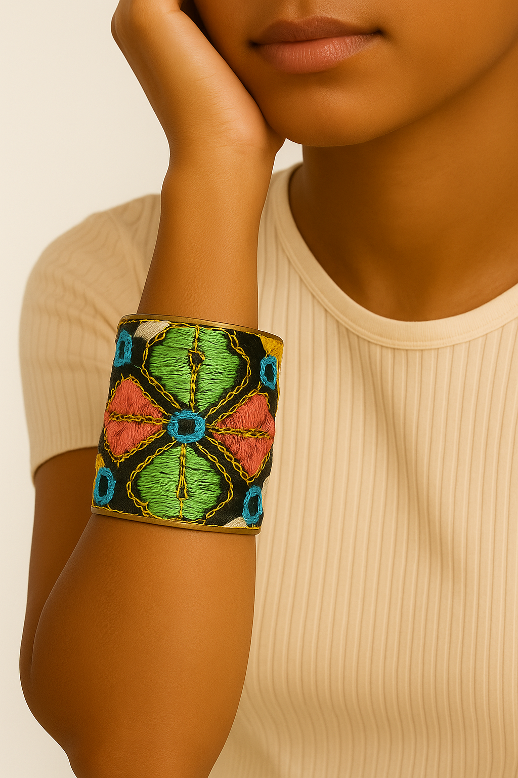 Close-up of a model wearing the Redd Dott Arden 3-Inch cuff bracelet, showcasing bold multicolor embroidery in green, coral, teal, and black stitched into a wide brass base, highlighting this statement cuff’s intricate texture and artisan detail, handcrafted in Shreveport, LA by Redd Dott Jewelry.