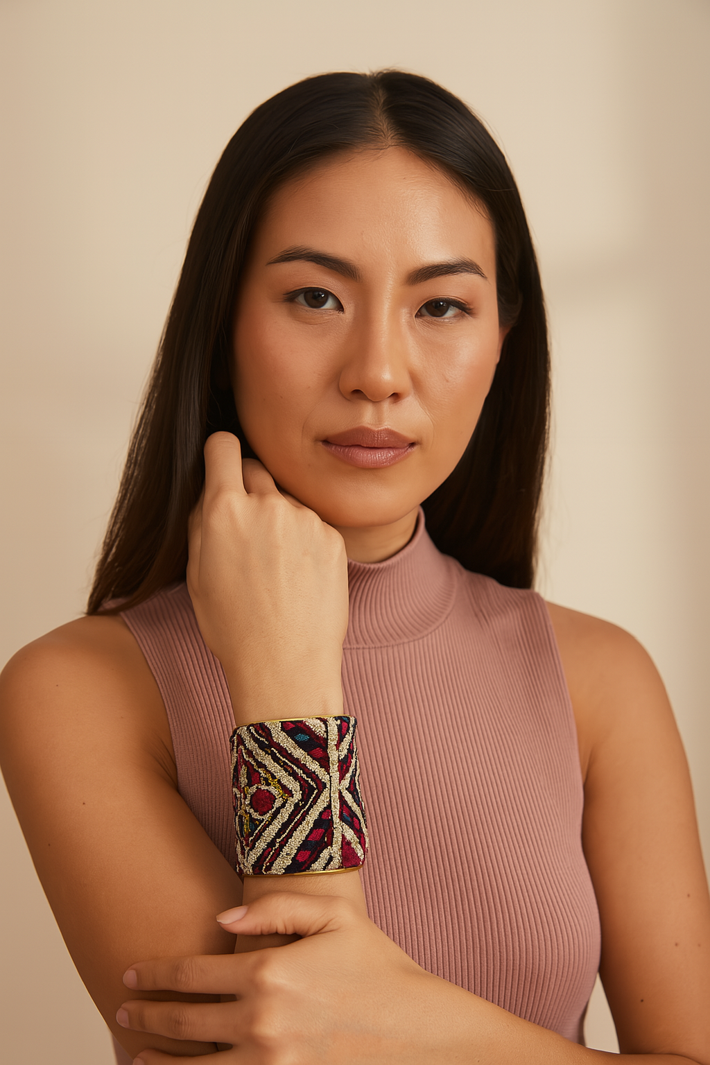 A female model in a mauve sleeveless ribbed high-neck top, her hand resting thoughtfully against her face, showcasing a 3-inch wide brass cuff bracelet wrapped in hand-embroidered velvet with geometric patterns in deep red, teal, mustard, and cream thread, accented by small sequins.