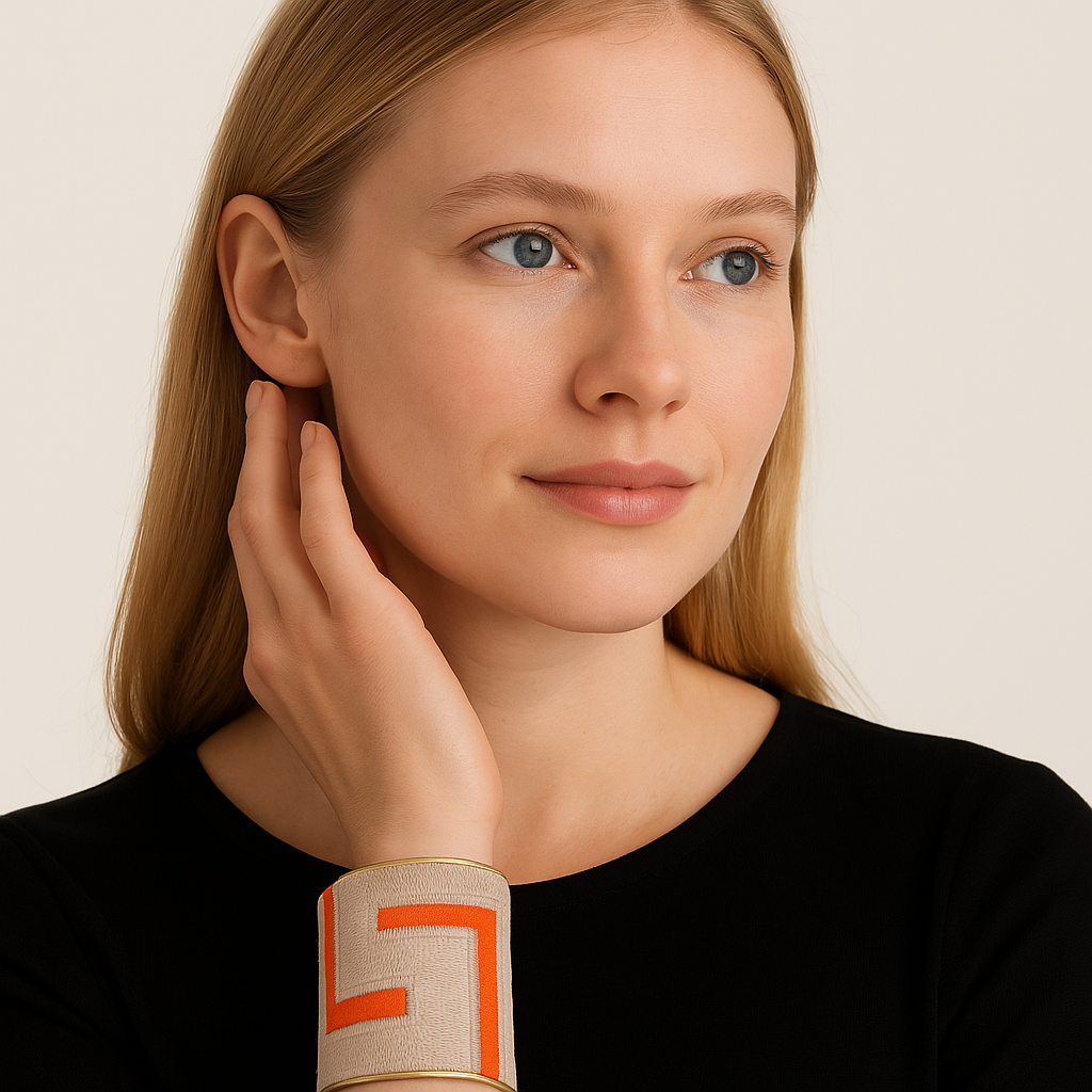 A blonde woman wearing a bold 3-inch brass cuff bracelet with ivory velvet fabric and burnt orange geometric embroidery, styled as a modern rustic cuff bracelet and meaningful piece of inspirational jewelry.