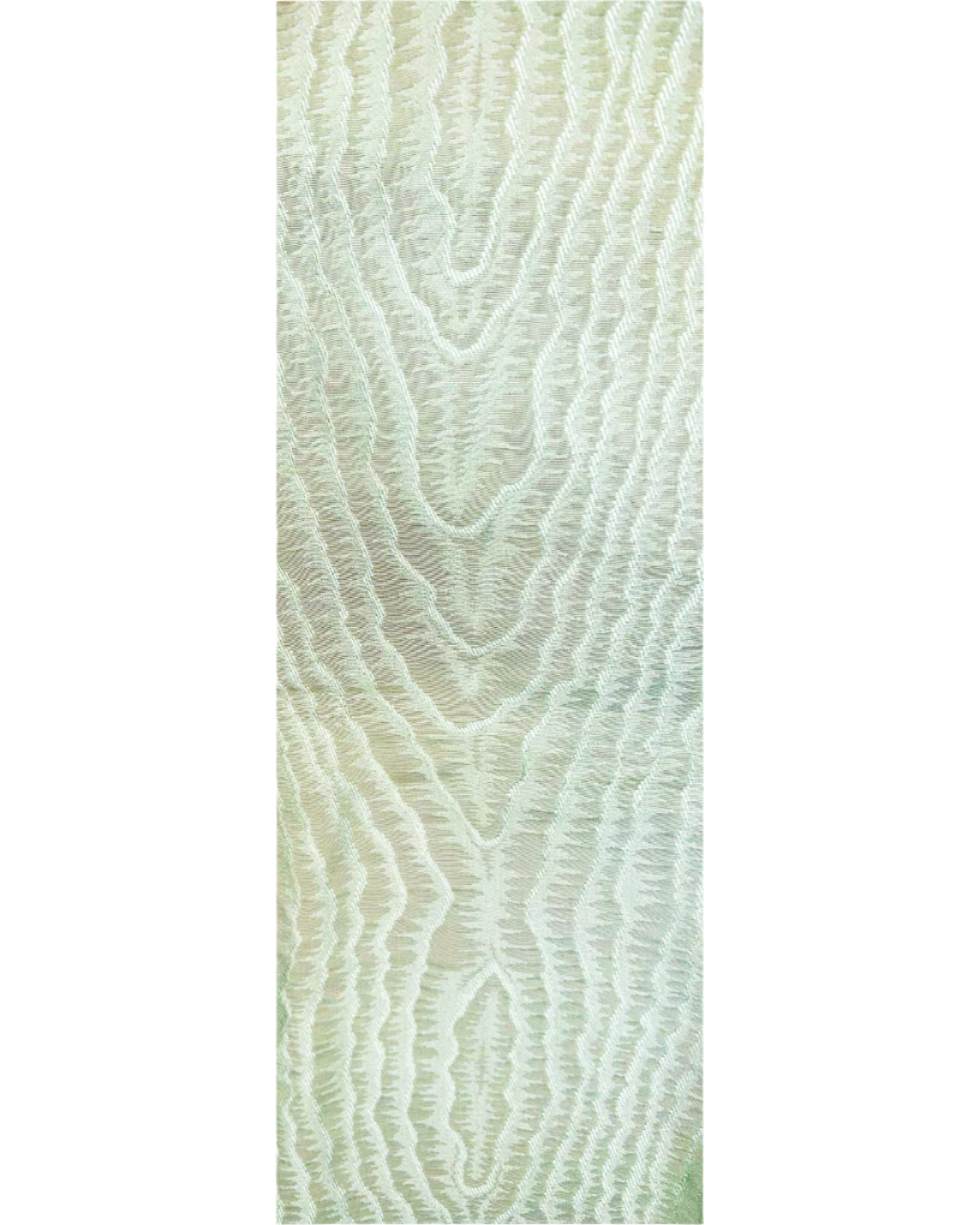 Close-up of Owlen custom cuff bracelet fabric – pale green embroidered textile with a wave-like pattern resembling woodgrain or water ripples, designed for artisan brass jewelry.