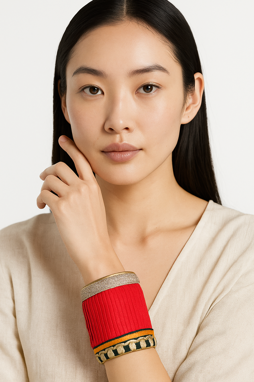 Dior - Custom Pleated Red and Gold Embroidered Cuff Bracelet