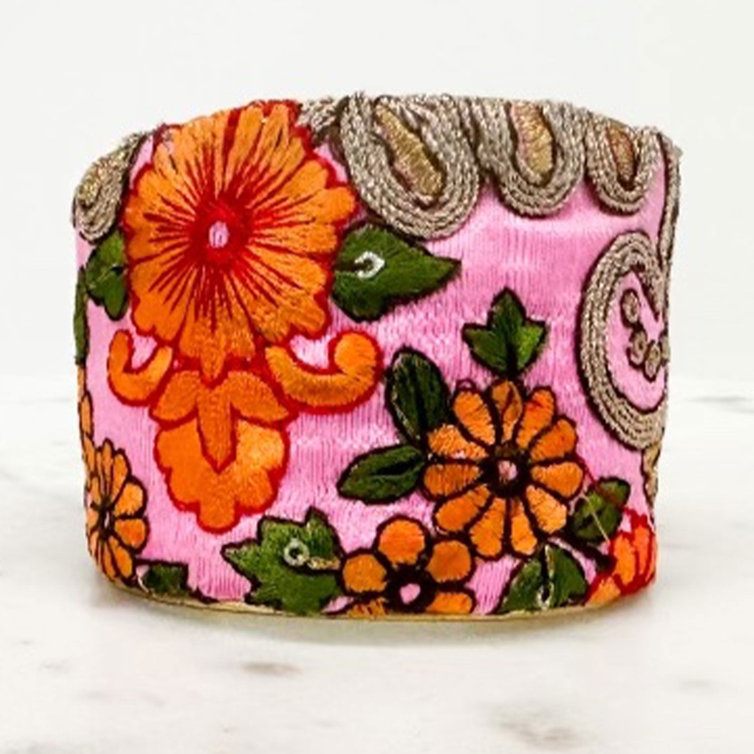 Angelina Brass Cuff Bracelet featuring pink and orange floral embroidery with gold trim and green accents, handcrafted in Shreveport, LA by Redd Dott Jewelry.