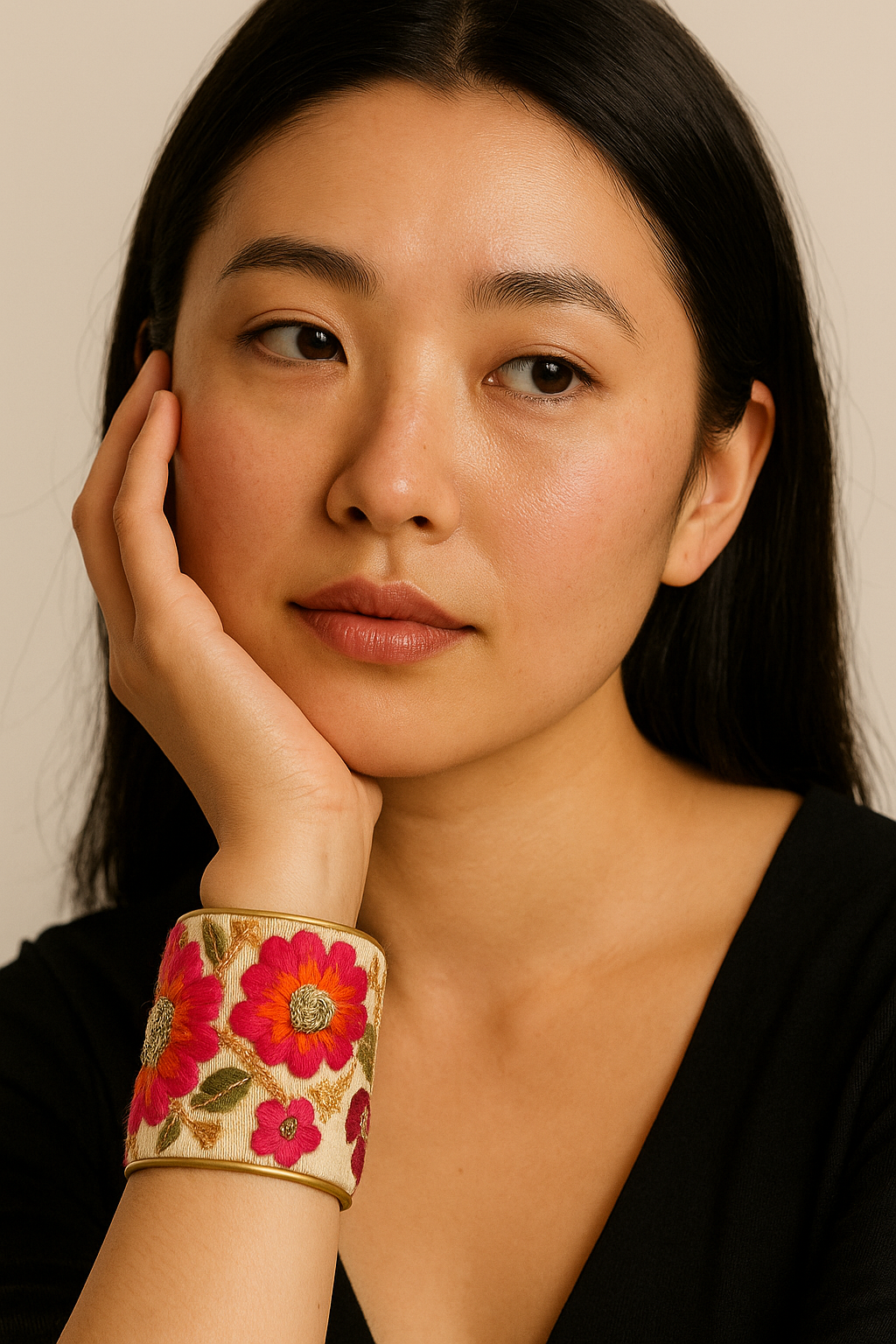 Gillian - Custom Stamped Pink Floral Brass Bracelet Cuff