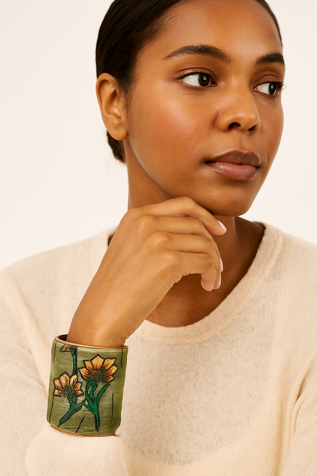 Demi - Customizable Green and Brown Oriental Floral Embroidered Cuff Bracelet