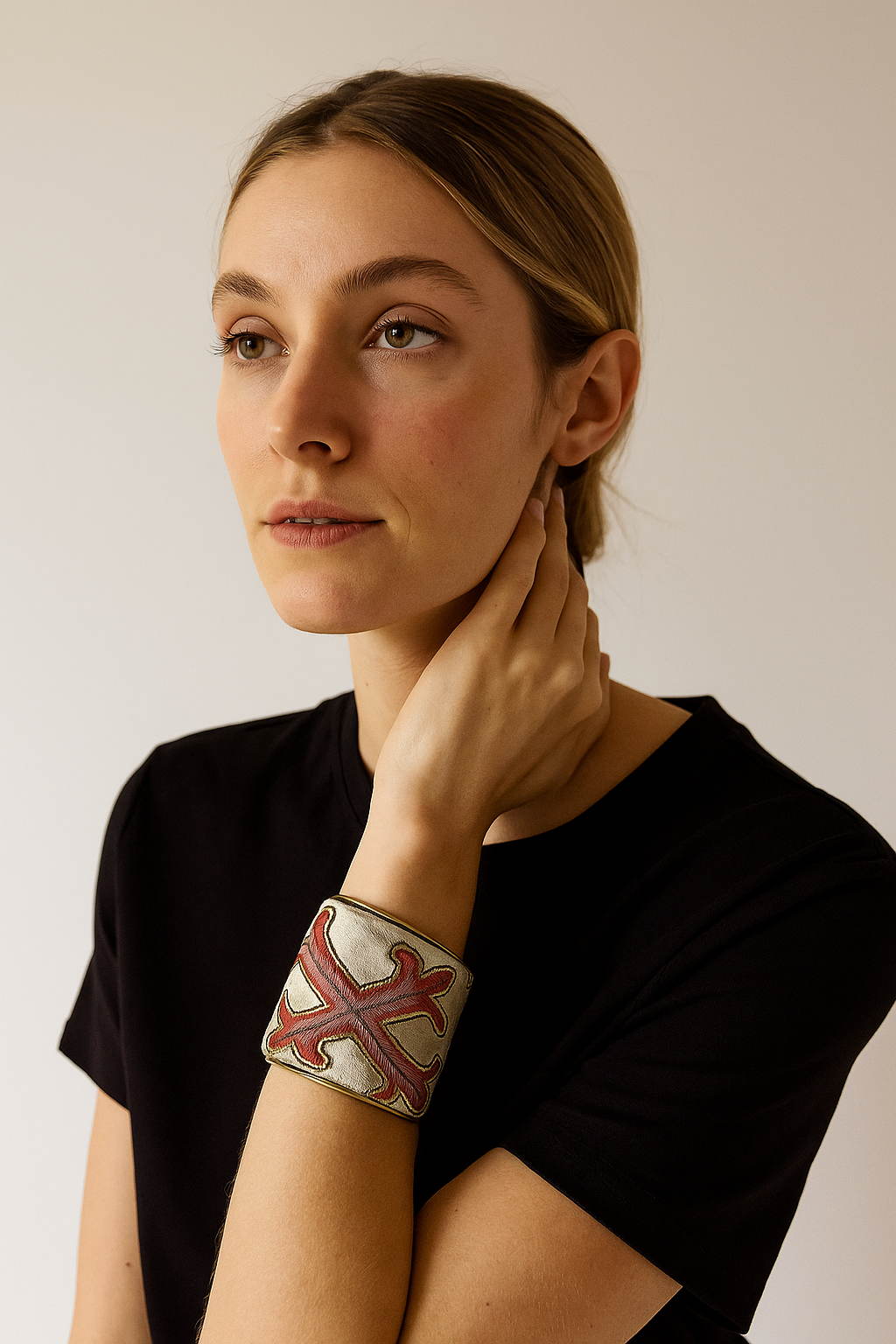 Christian Red & Gold Cross Embroidered Brass Cuff Bracelet
