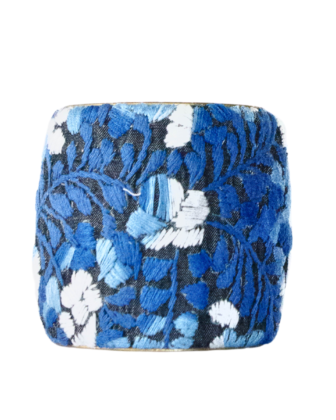 3-inch Azul Profundo statement brass cuff showcasing bold blue and white embroidered florals from Margarita Mercantile × Redd Dott Jewelry.