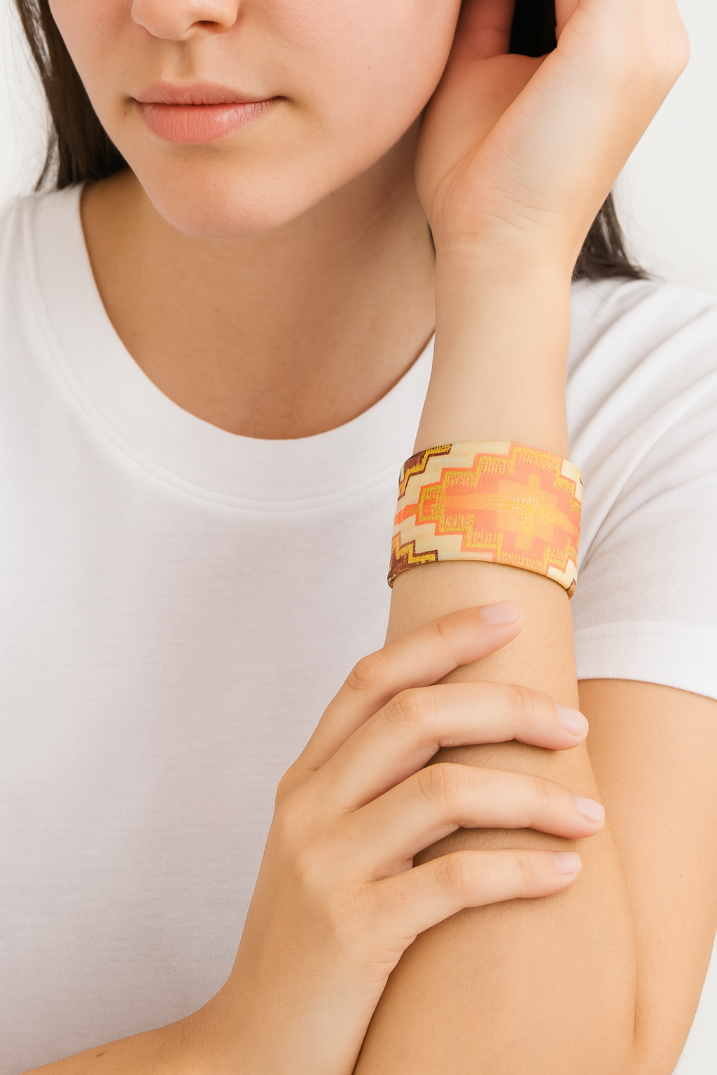 Nina Desert Sunrise Cuff – Bold Brass Cuff with Southwestern-Inspired Fabric