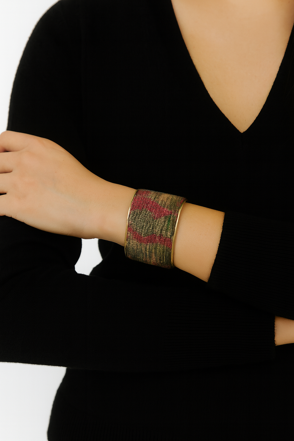 Adele Red & Neutral Embroidered Brass Cuff Bracelet