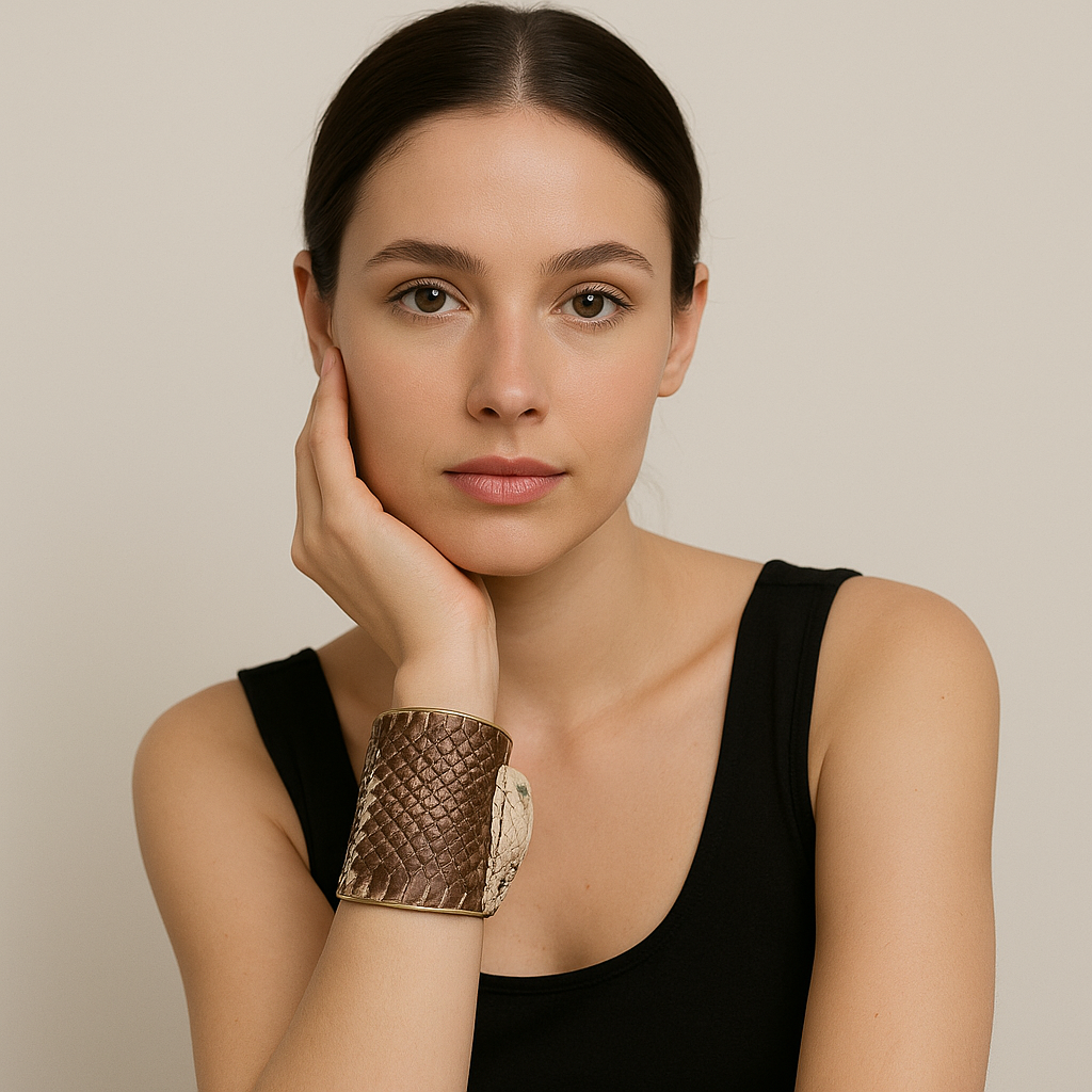 Female model wearing a rustic cuff bracelet made from genuine brown king cobra snake skin with opal inlaid eyes on a gold cuff bracelet base, handcrafted in Shreveport, LA by Redd Dott Jewelry