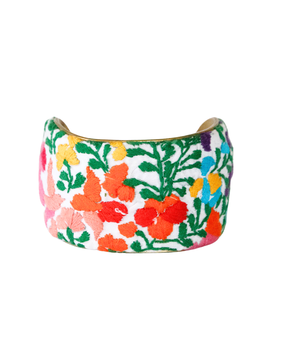 Fiesta Viva 2-inch embroidered luxury flower bracelet featuring bright orange and red florals with green leaves and sky blue accents on a brass cuff base.