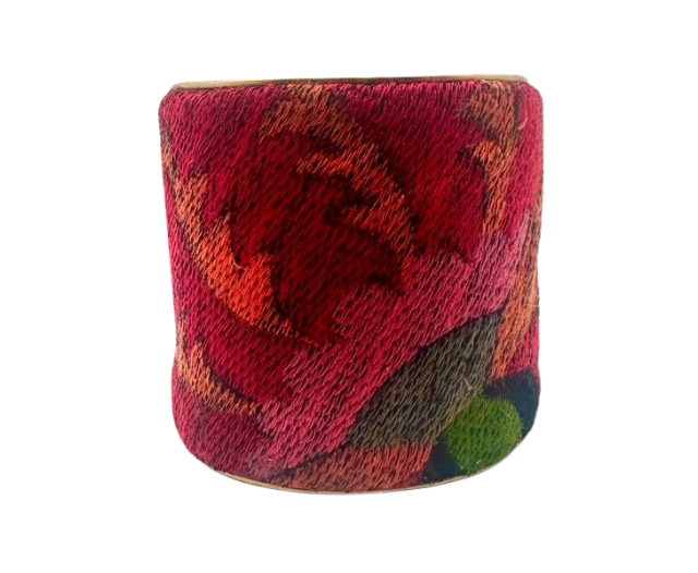 France Embroidered Velvet Cuff Bracelet – Bold Floral Design in Pink and Red