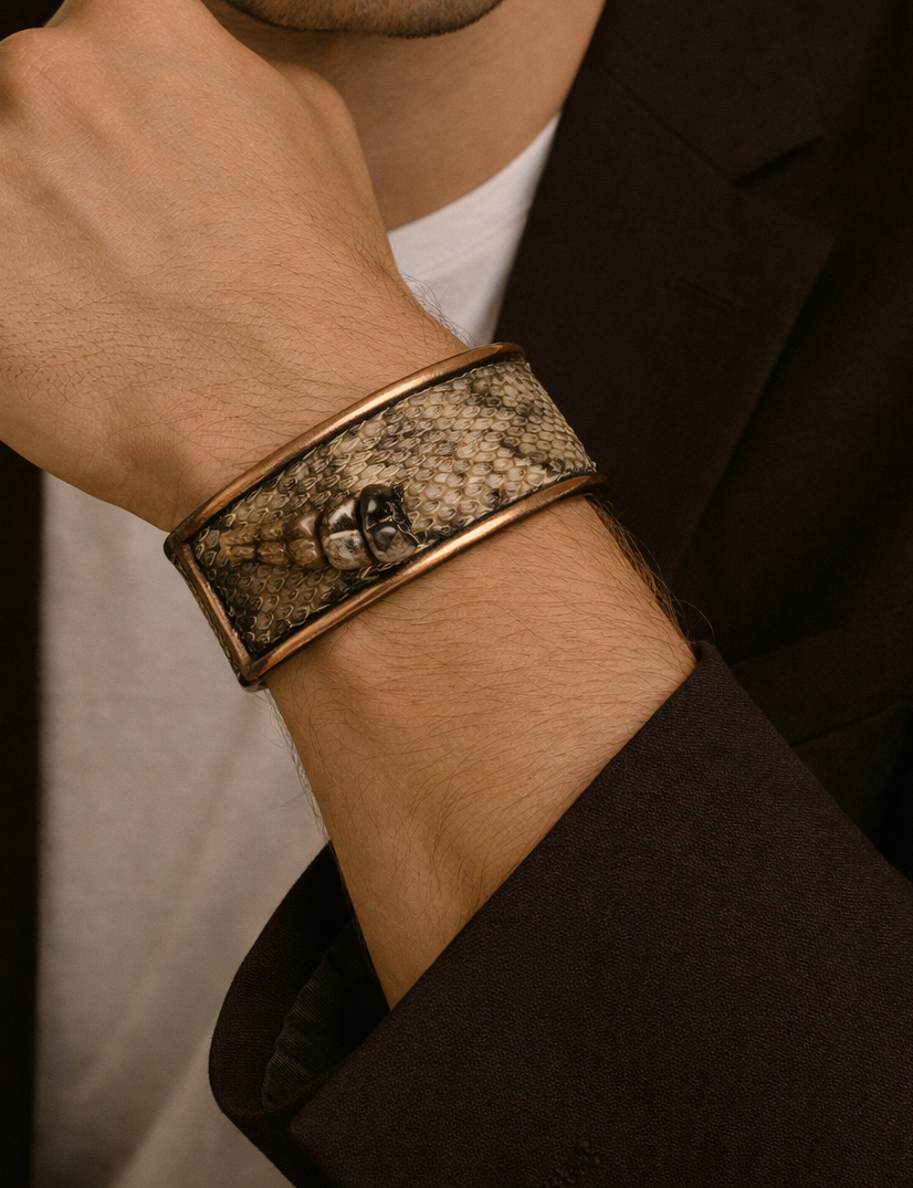 Close-up of a model wearing the men’s 1-Inch prairie rattlesnake skin cuff bracelet by Redd Dott Jewelry, featuring natural gray and tan rattlesnake scales with the snake’s rattler preserved and set into a slim brass cuff, highlighting the raw texture and handcrafted cuff bracelet detail, handcrafted in Shreveport, LA by Redd Dott Jewelry.