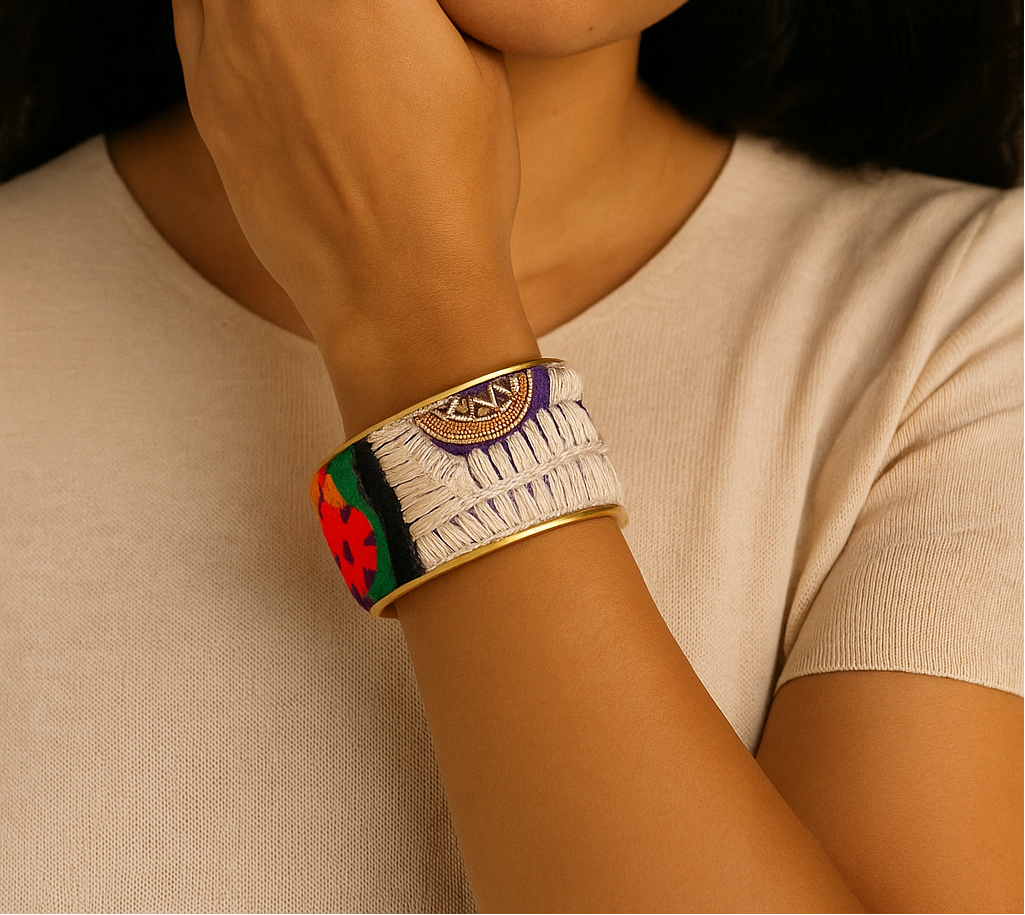 Ashari Embroidered Brass Cuff Bracelet – 1" Wide Cream, Gold & Purple Textile Cuff