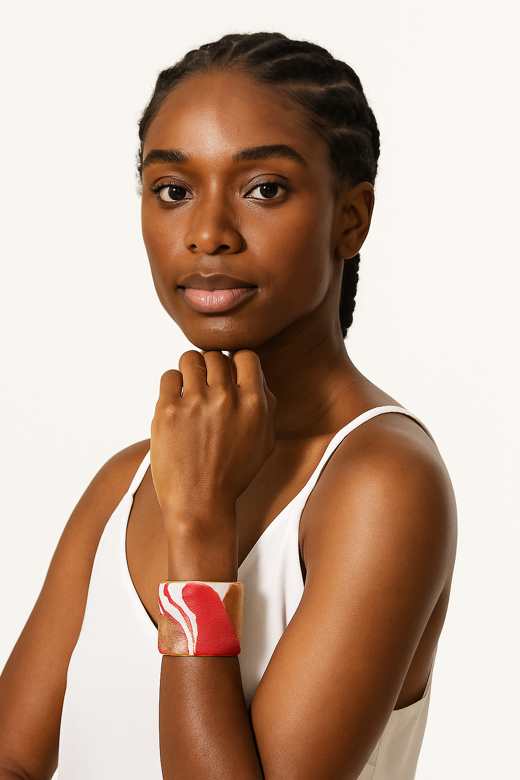A 2-inch brass cuff bracelet wrapped in abstract jacquard in coral red, gold, and white, shown on the wearer’s wrist against a white top and neutral background.