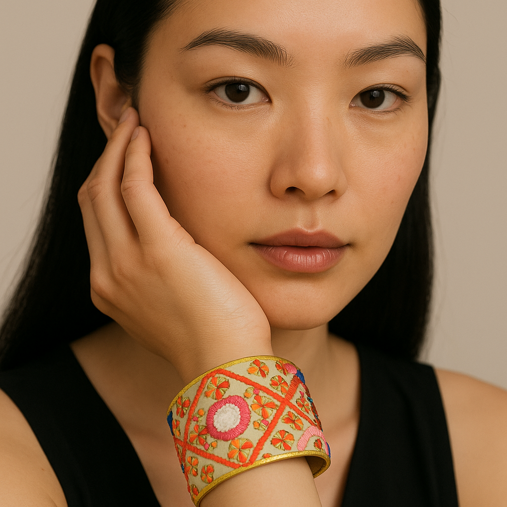 A 3-inch brass cuff bracelet wrapped in apricot fabric with embroidered neon pink lattice and mirrored circle motifs, shown on the wearer’s wrist against a black top and neutral background.