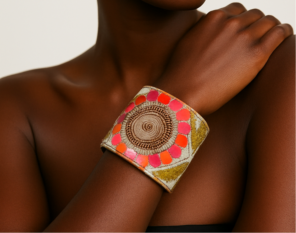 Woman wearing the Angela Statement Floral Cuff Bracelet featuring neon pink and orange embroidery on mint green fabric, handcrafted in Shreveport, LA by Redd Dott Jewelry.