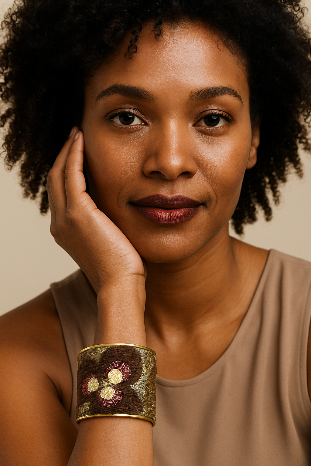 Female model with natural curls in a neutral top, resting her chin on her hand and showcasing a brass cuff bracelet wrapped in brown and gold textured velvet with burgundy and yellow floral embroidery on her left wrist. A standout example of cuff bracelets for women.