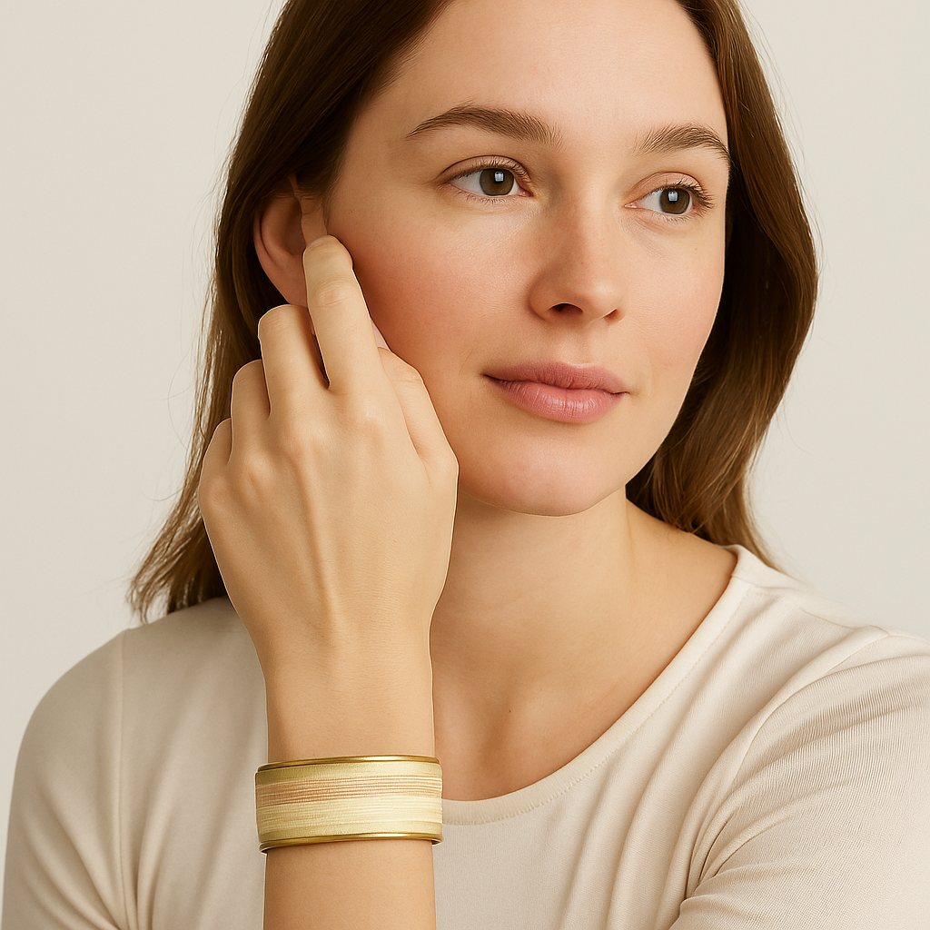 A female model’s wrist adorned with a 1-inch raw brass cuff bracelet wrapped in subtle ivory-to-gold striped fabric—an elegant one of a kind jewelry statement among cuff bracelets for women.