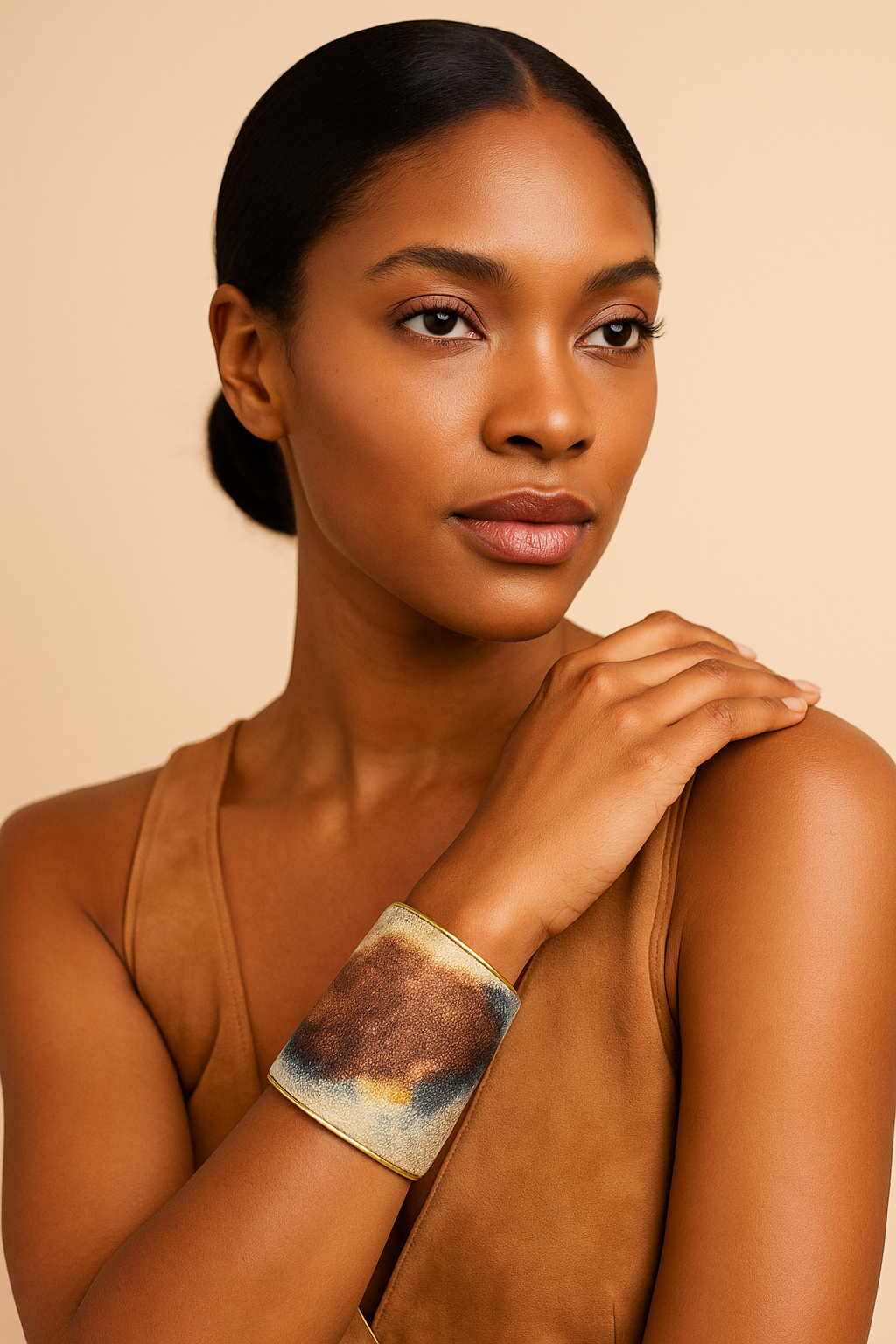 A female model’s wrist adorned with a 3-inch raw brass cuff bracelet featuring an abstract watercolor print in earthy and sky tones, showcasing a one of a kind jewelry statement for cuff bracelets for women.