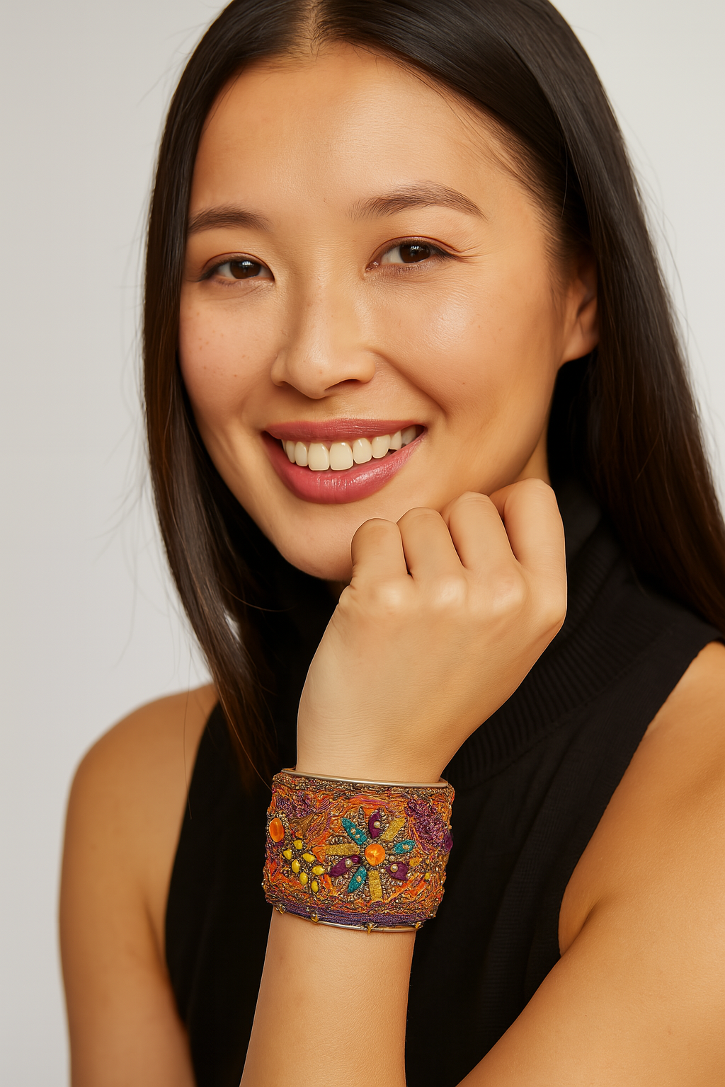 Female model with long dark hair wearing a black sleeveless top, smiling and resting her chin on her hand while showcasing a 2-inch wide brass cuff bracelet wrapped in orange silk with multicolored embroidered petals and beadwork on her left wrist—a standout example of cuff bracelets for women.