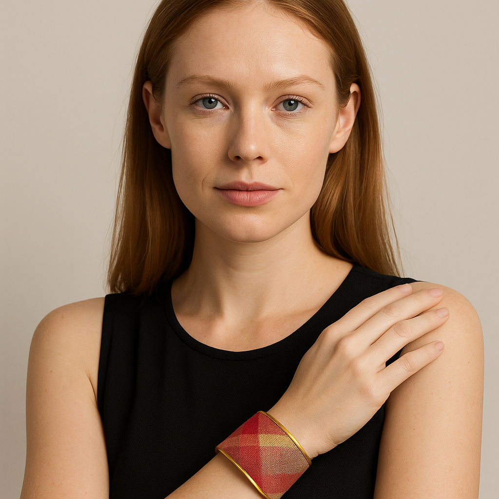 A female model’s wrist adorned with a 2-inch raw brass cuff bracelet featuring handwoven autumn plaid fabric in red, orange, and gold checks—a one of a kind jewelry statement in cuff bracelets for women.