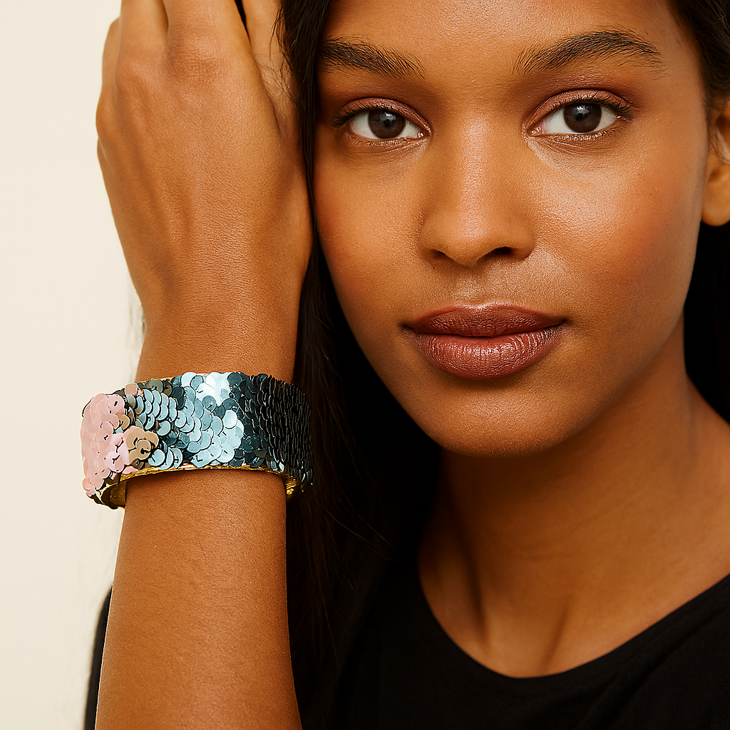 Female model with dark hair wearing a black top, holding her hand to her face and showcasing a 1-inch wide brass cuff bracelet covered in reversible teal and blush pink sequins on her left wrist. A fun, one of a kind jewelry statement among cuff bracelets for women.